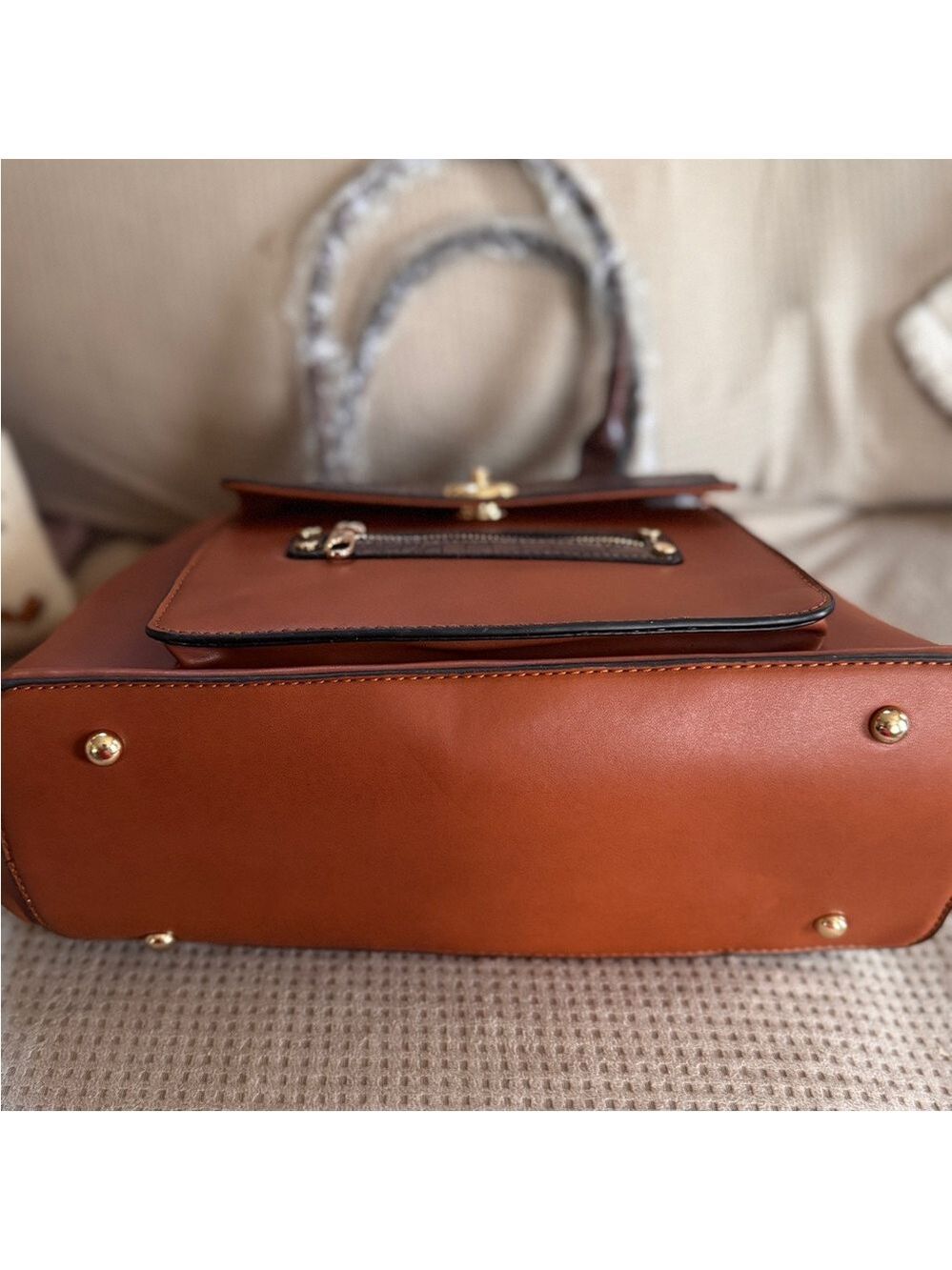 Brown Croc-Embossed Accent Structured Tote Handbag - Picture 7 of 12